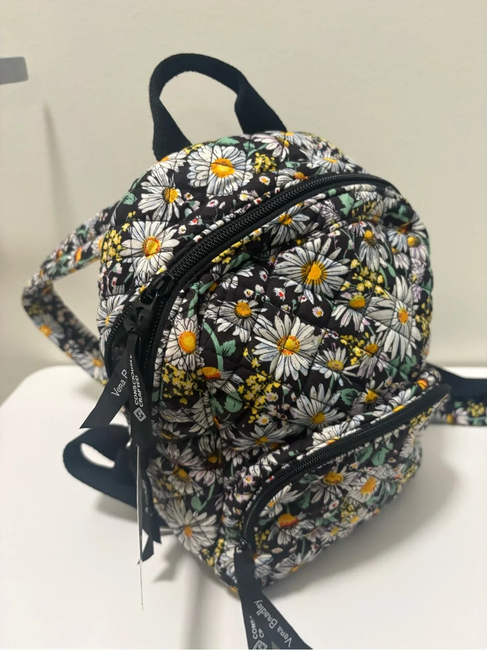 Vera Bradley Black Floral Quilted Mini Backpack with White Daisies